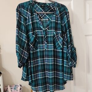 torrid Teal and Black Plaid Roll-Sleeve Tunic